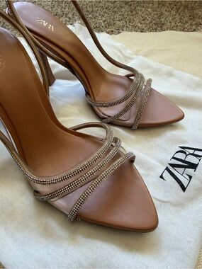 Zara Brown Crystal-Strap Pointed Slingback Heels